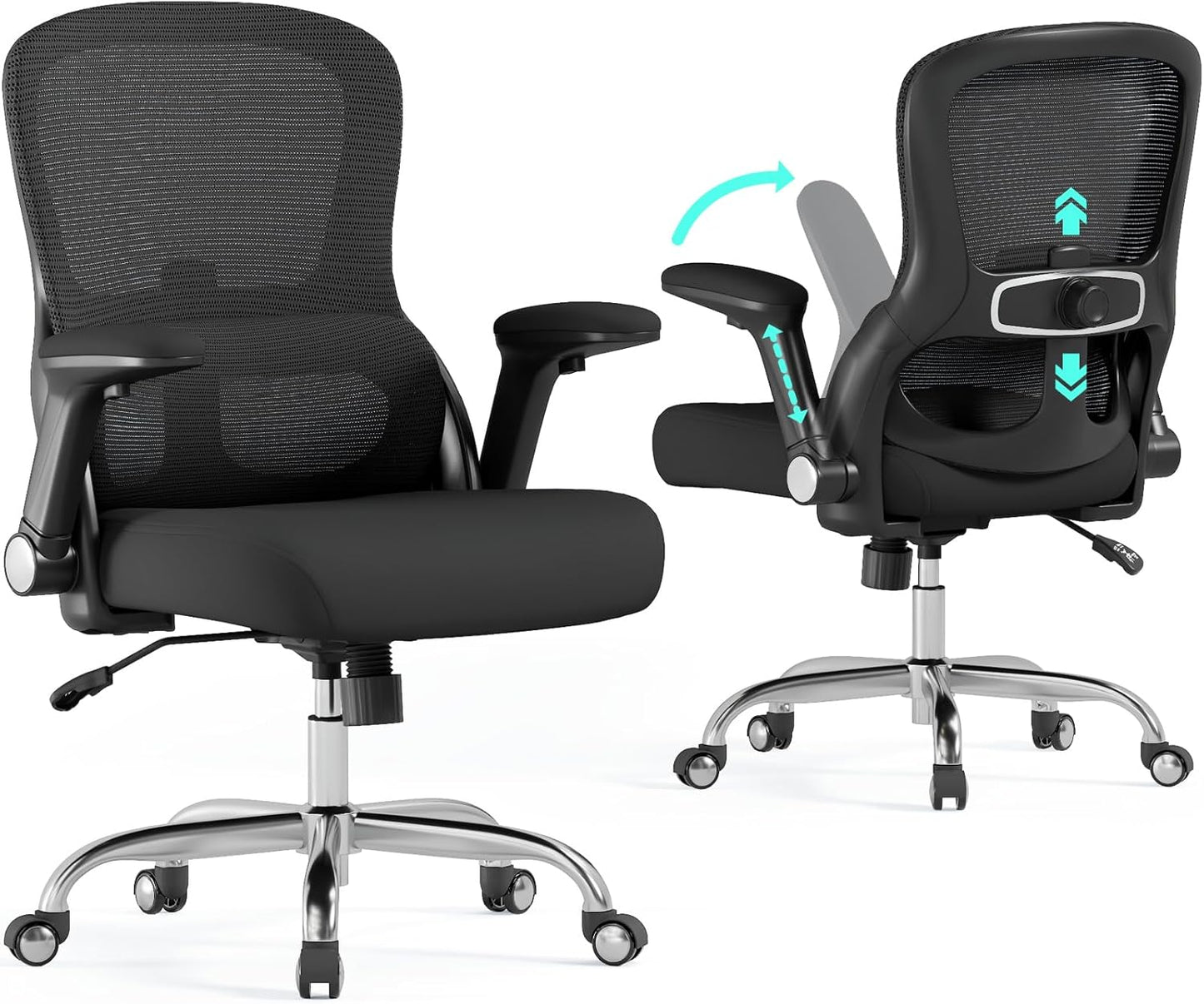 Office Chair Ergonomic Desk Chair Comfy: 400LBS Mesh Computer Chair Ergonomic Gaming Chairs with Wheels Adjustable Lumbar Support and Flip up Armrest-Swivel Executive Chairs Long Hours(Black)