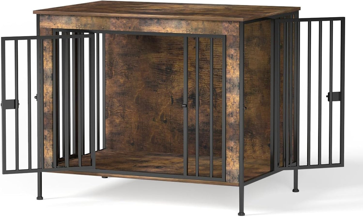 Rustic brown heavy duty dog crate table with dual doors, view 7