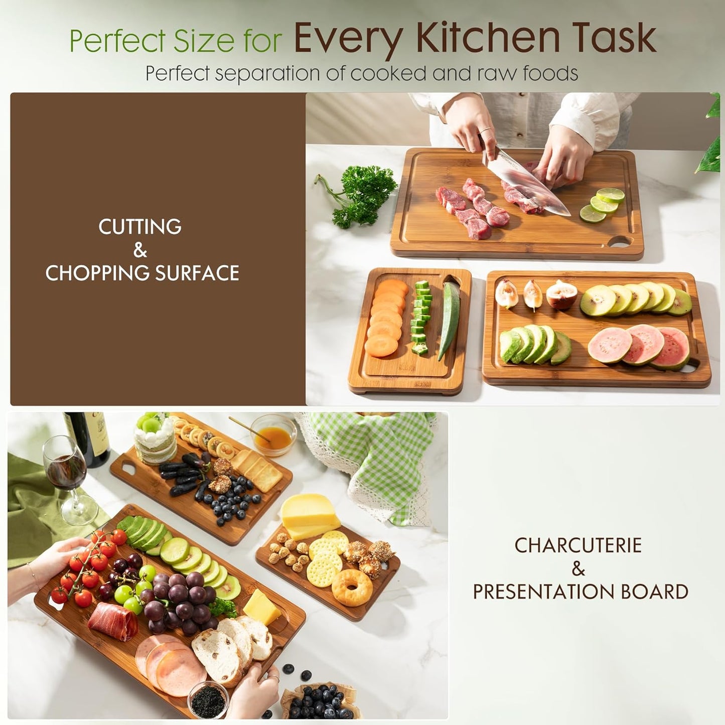 Deep-Carbonized Bamboo Cutting Boards for Kitchen with Wood Storage Stand, Reversible Charcuterie & Chopping Boards with Juice Grooves and Easy-Grip Handles, Knife-Friendly, Kitchen Gift