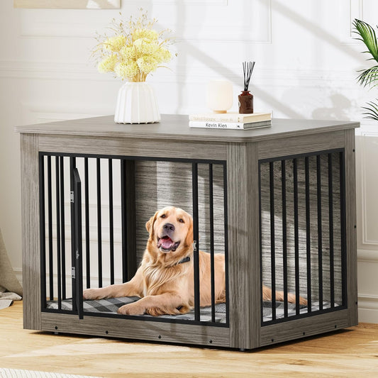 27.2" L Dog Crate Furniture for Medium Dogs, 2-In-1 Iron-Wood Fusion Dog Cage Indoor up to 30 Lb, Side End Table, Modern Dogs Kennel with Waterproof Top, Safety Corners,Steel Lock,Grey