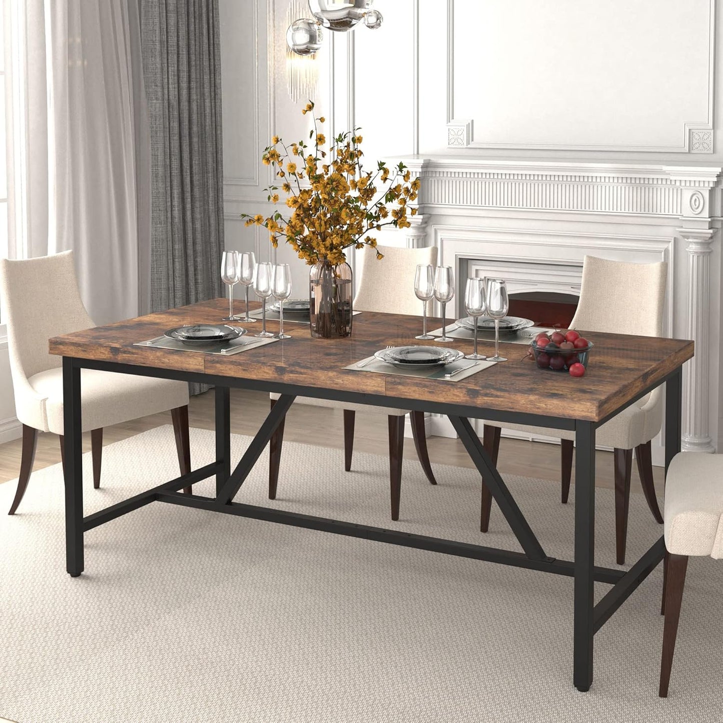 70.8" Large Kitchen Dining Room Table for 6-8 People, Rustic Brown Farmhouse Industrial Wood Style Rectangle Apartment Dinning Room Dinette Tables for Eating Dinner