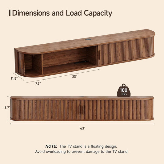 63" Floating TV Stand with Power Outlet for Tvs up to 75", Fluted Entertainment Center with Remote Control for LED Lights, Mid-Century Modern TV Console W/Sliding Door for Living Room, Bedroom Walnut