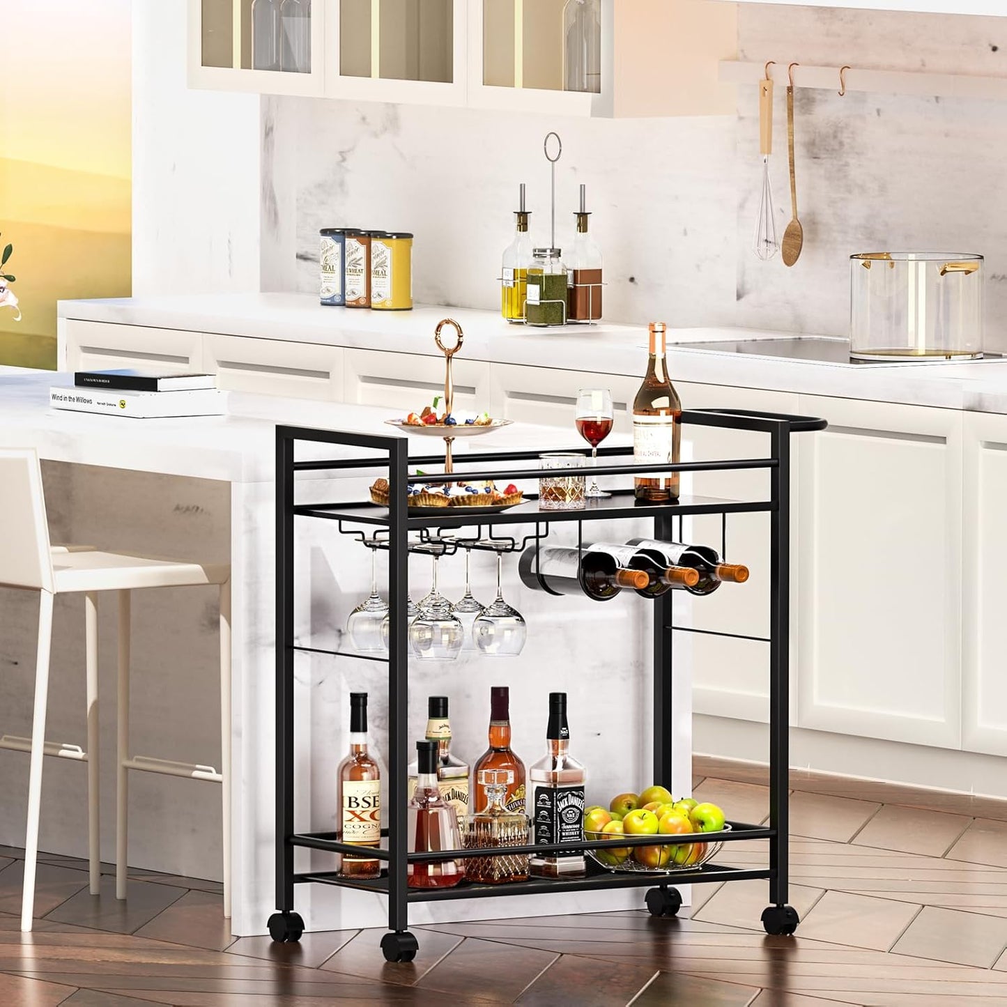 Bar Cart,Home Bar Serving Cart with Storage Shelves, 2 Tier Rolling Beverage Cart with Wheels, Modern Wine Cart with Wine Rack and Glass Holder for Kitchen, Living Room,Dinning Room,Black
