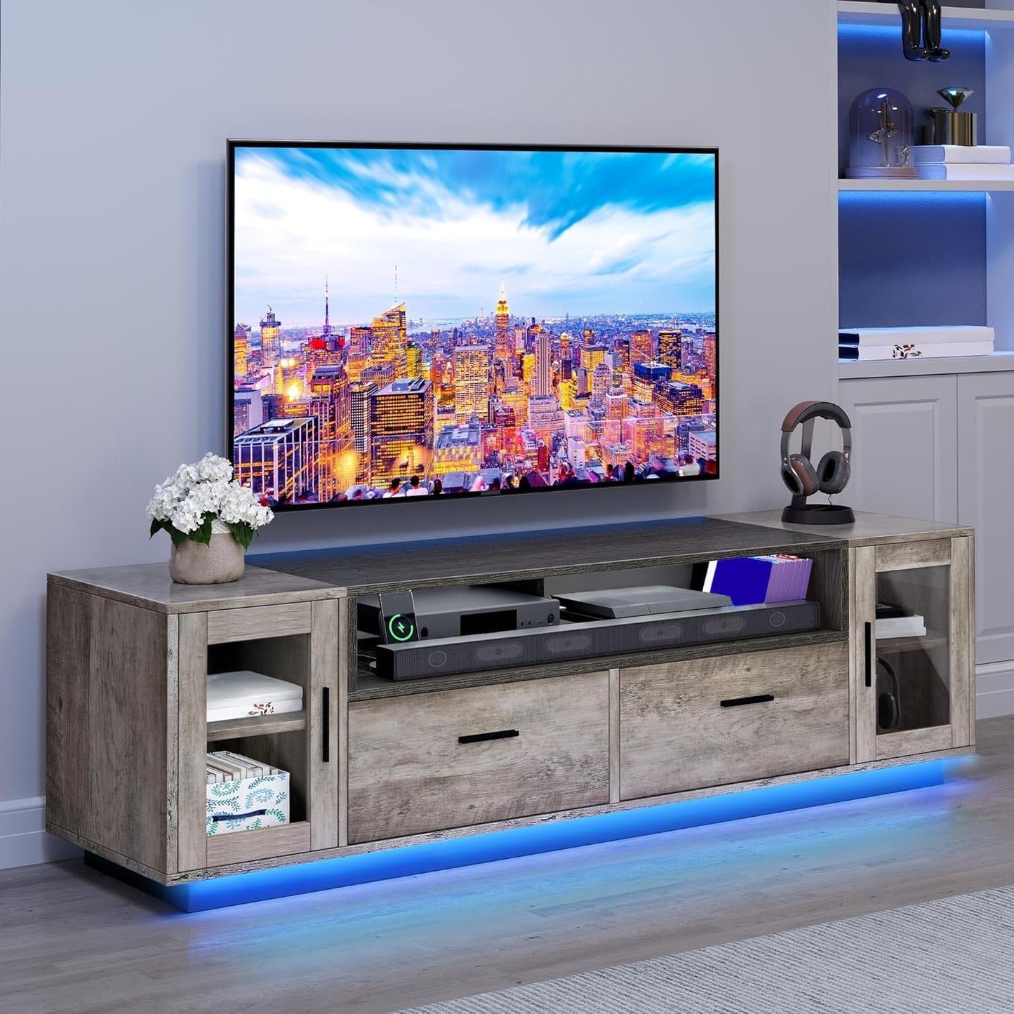 TV Stands for Living Room, Farmhouse TV Stand for 65/70 Inch TV, LED TV Entertainment Center with Storage & Power Outlets, TV Console Cabinet, Rustic Grey