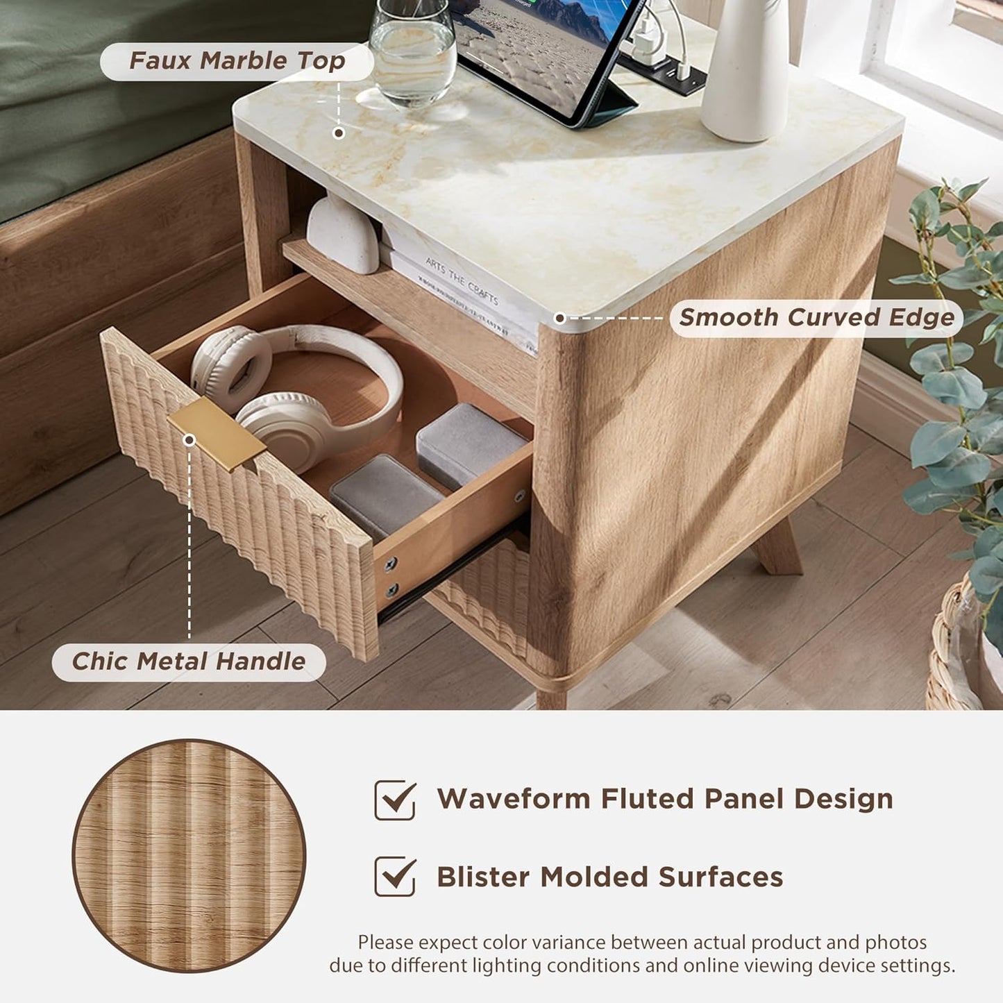 Fluted Nightstand Set of 2 with Charging Station, 18" Modern Side Table with Faux Marble Top, 2 Drawer End Table W/Storage, Bedsidetable for Bedroom, Living Room, Curved Profile, Natural Oak