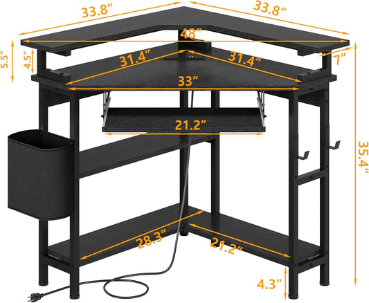 Black Corner Desk, 48" W X 35" H Gaming Desk with Power Outlets Small Computer Desk with LED Lights and Storage Shelves Office Desk with Keyboard Tray & Monitor Stand for Small Space