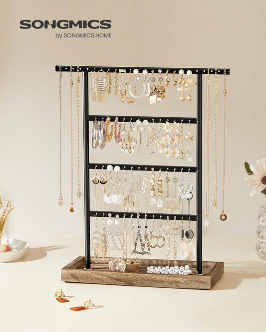 Jewelry Organizer, 4-Tier Earring Holder Organizer Stand with Base Tray, for Studs and Necklaces, Vintage, Wood Color and Black UJJS019B01
