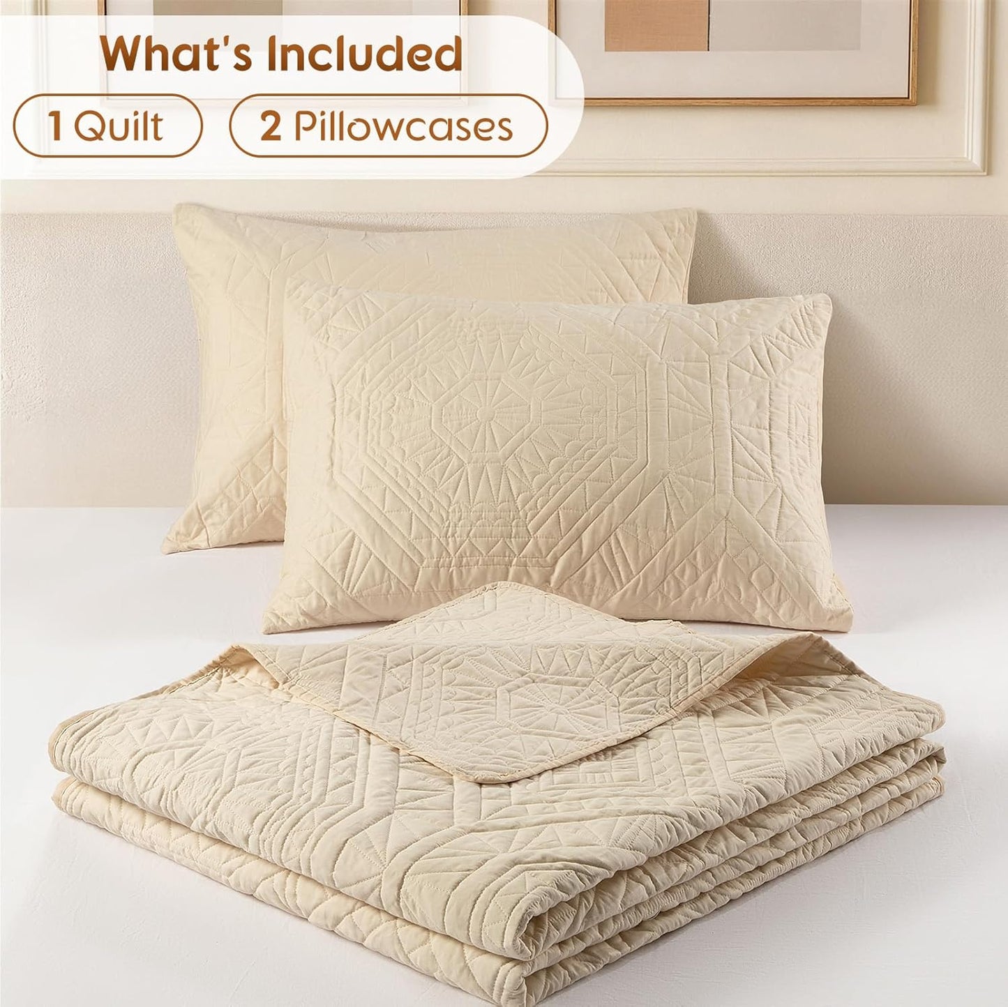 100% Cotton Paisley Quilt Set King Size, Cozy Lightweight Bedspread with 2 Pillow Shams, Soft Breathable Matelasse Coverlet Set for All Season Comfort(Beige-Style 2,King)