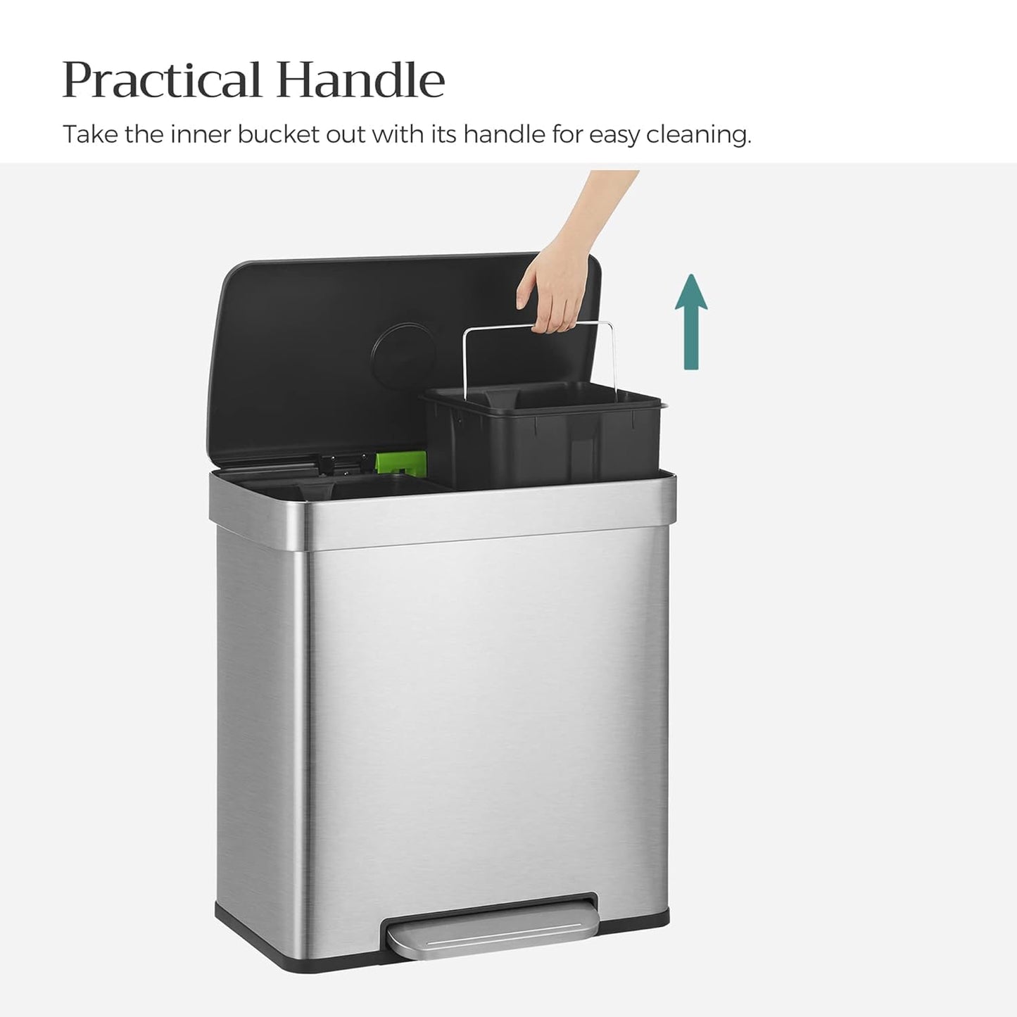 Kitchen Trash Can, 16 Gallon (2 X 8 Gallon) Dual Compartment Garbage Can, 60L Pedal Recycling Bin, Stays Open and Soft Close, Stainless Steel, 15 Bags Included, Metallic Silver ULTB202E01