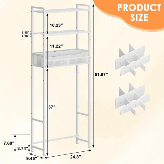 3-Tier over the Toilet Storage Shelf, Metal over Toilet Bathroom Organizer with Dividers, Freestanding Bathroom Space Saver Rack with Adjustable Shelf & Feet, White