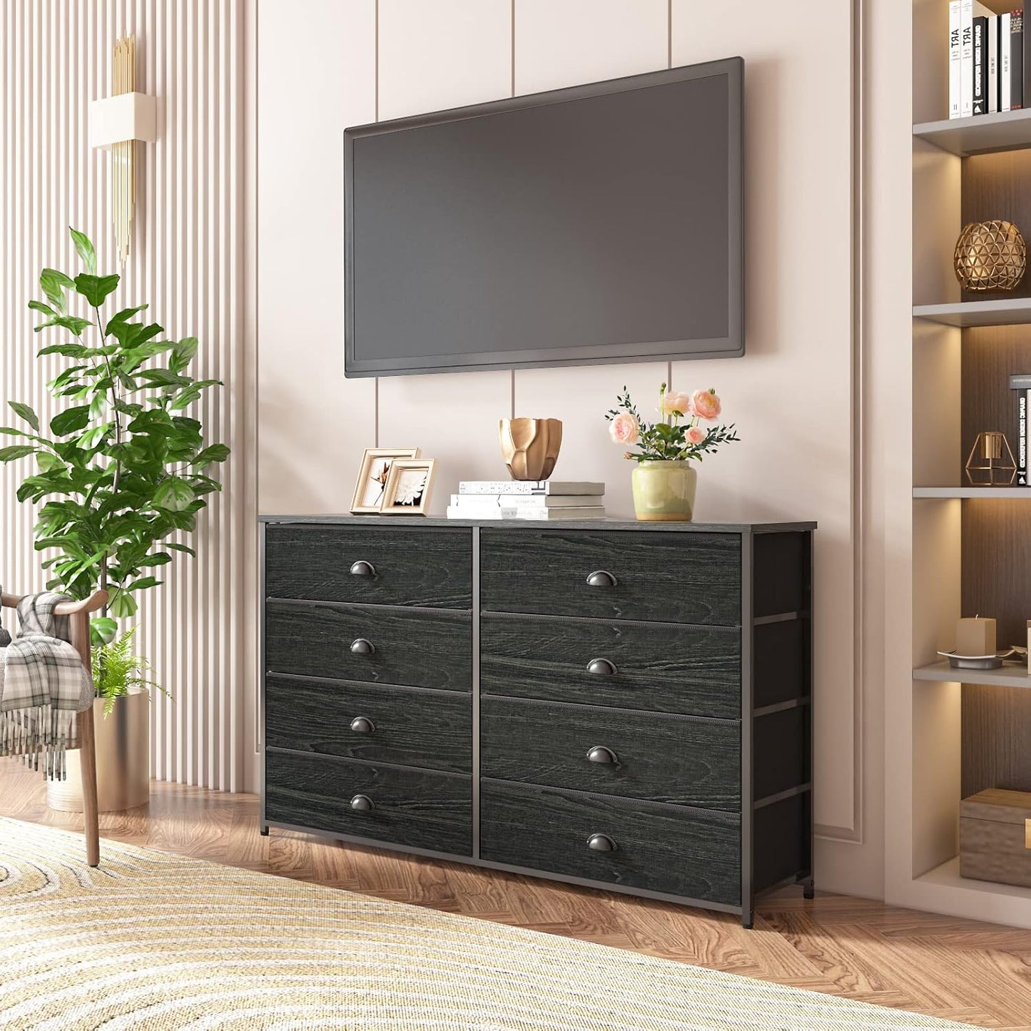 Wide Dresser with 8 Fabric Drawers, TV Entertainment Center with Storage for 55'' TV, Large Chest of Drawers for Bedroom, Living Room, Dorm, Closet, Entryway, Wood Top (Black Oak)