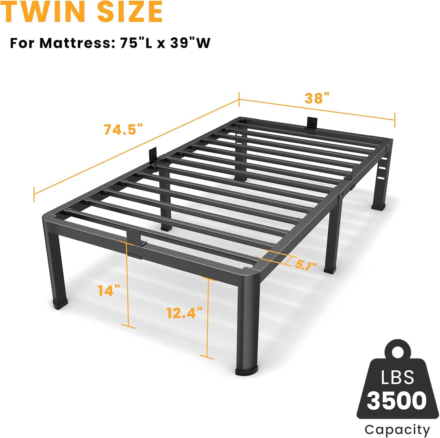 14 Inch Twin Bed Frame, Metal Platform Bed Frame with round Corner Legs, 3500 Lbs Heavy Duty Steel Slats Support, No Box Spring Needed, Noise Free, Easy Assembly, Black