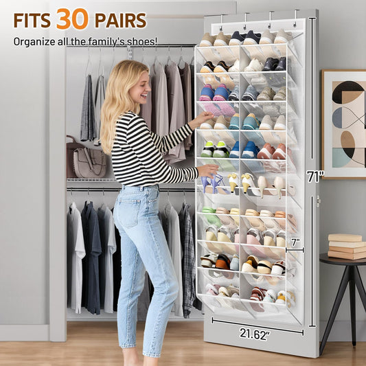30 Pairs over the Door Shoe Organizer Breathable Mesh Hanging Shoe Rack for Closet Storage with Wide Deep Pockets 10 Tier Shoes Holder Fit All the Family'S Sneakers, Boots, Heels, White