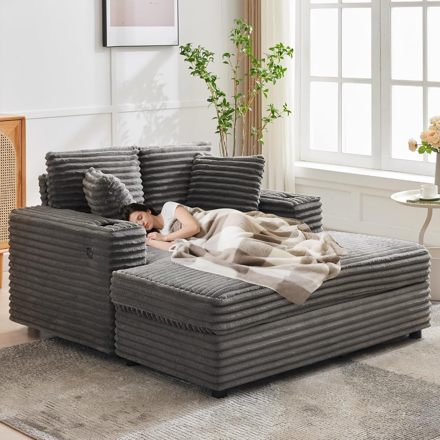 60-Inch Oversized Chaise Lounge Chair Indoor, Comfy Corduroy Lounge Sofa with Charging Station, Cup Holders & Throw Pillows, Cozy Sleeper Couch for Living Room Apartments, Grey