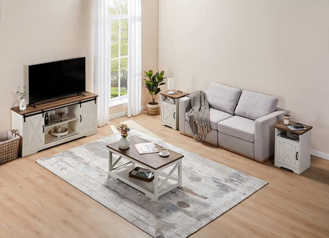 4-Piece Farmhouse Table Set Includes Sliding Barn Door TV Stand, Coffee Table& Two End Tables, Side Table with Charging Station and USB Ports, for Living Room, Distressed White, 66"