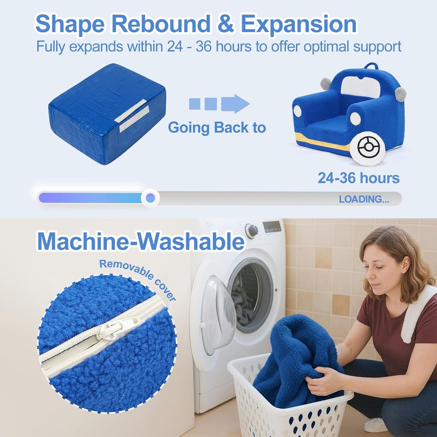 Toddler Chair for Ages 1–6, Soft Sherpa Kids Sofa with Book Pocket & Carry Handle, Comfy Single-Seat Couch for Playroom or Bedroom, Birthday Gift for Boys (Car)