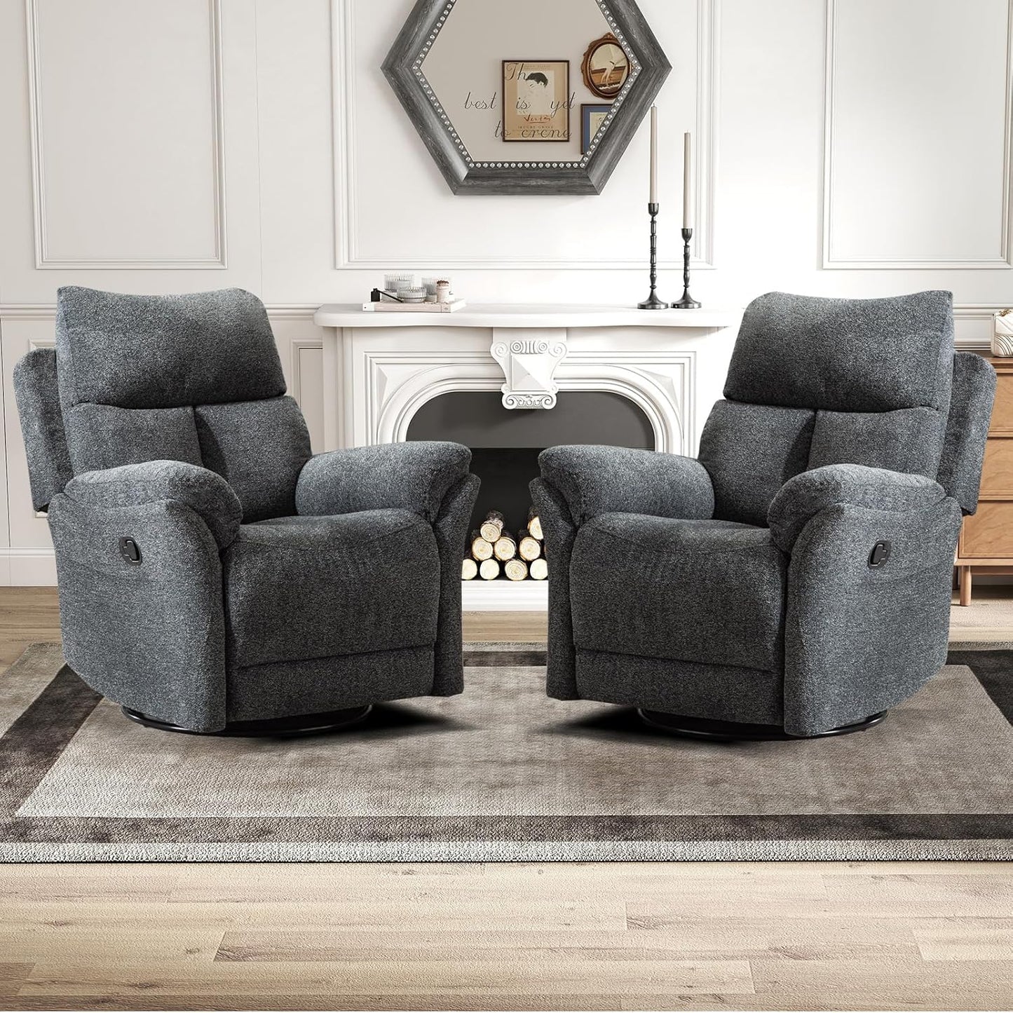 Rocker Recliner, Manual Swivel Recliner with Overstuffed Cushion, Nursing Chairs for Living Room, Swivel Glider Recliners with Soft Backrest, Dark Grey