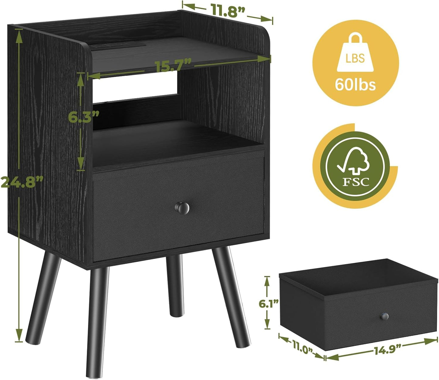 Nightstand with Charging Station, Modern Night Stand with LED Lights, Wood Nightstands with Fabric Drawer & Storage Shelf, Night Stands Bedside Table with USB Ports for Bedroom, Office, Home