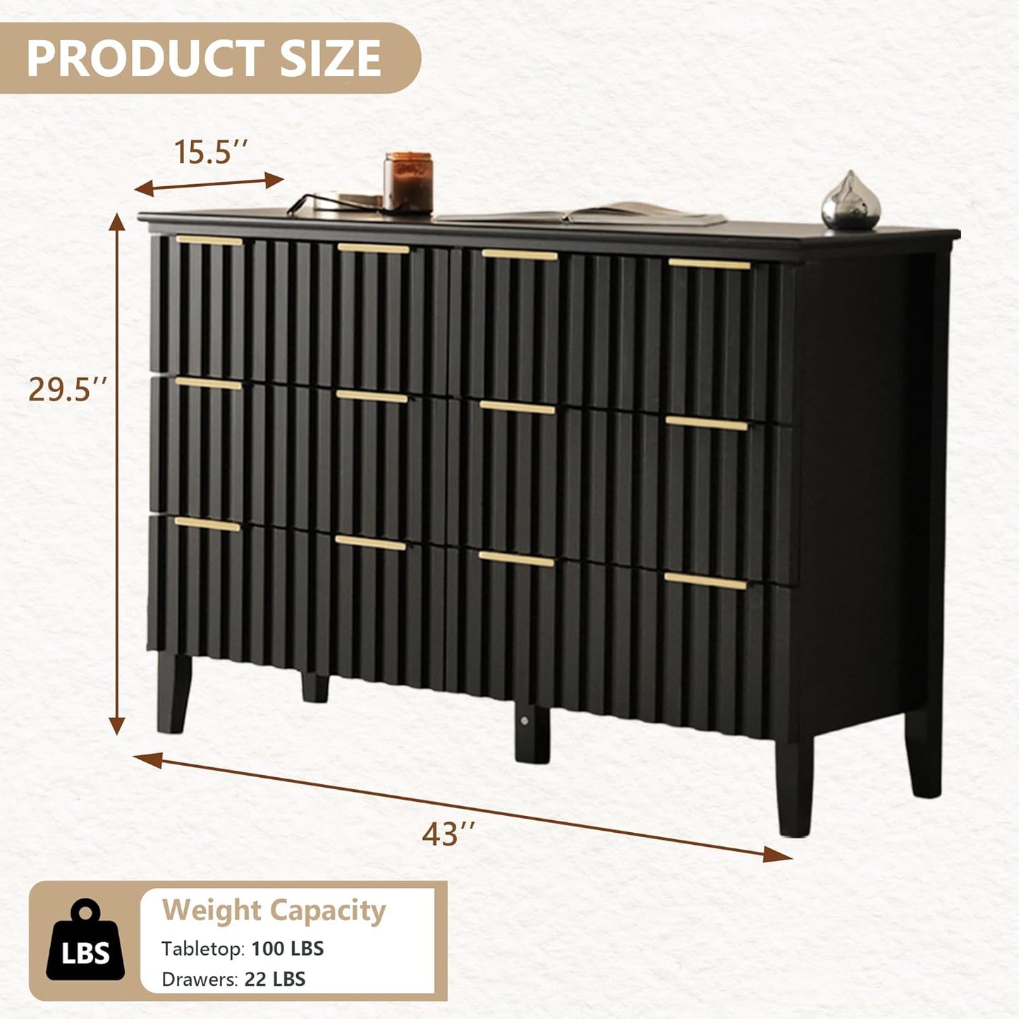 3 Piece Dresser and Nightstand Sets Modern Fluted Bedroom Set with 6 Drawer Dresser & 2 Nightstands,Mdf Wood, Gold Handles, Black Finish, Storage Furniture for Bedroom, Closet, Apartment