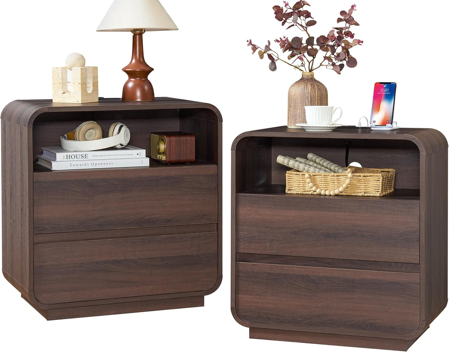 White Nightstand Set of 2 with Charging Station, 23.2" Wide Wood Bedside Table, Modern End Table with 2 Storage Drawers, Curved Profile, Handleless, Mid Century Night Stand for Bedroom