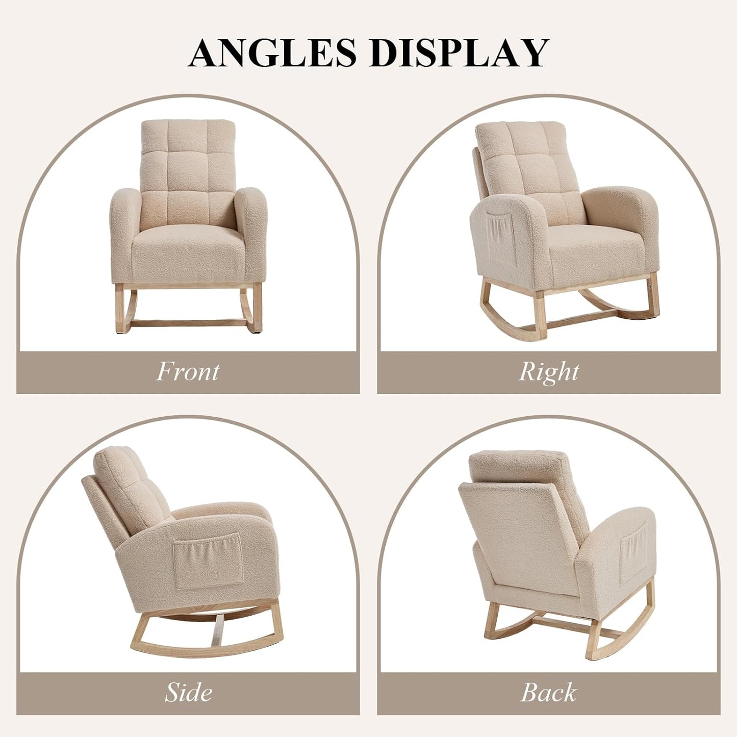 Nursery Rocking Chair, Teddy Upholstered Glider Chair with Side Pocket, Glider Rocker Chair with Tufted Back, Comfy Accent Nursing Chair for Living Room (Beige Retro)