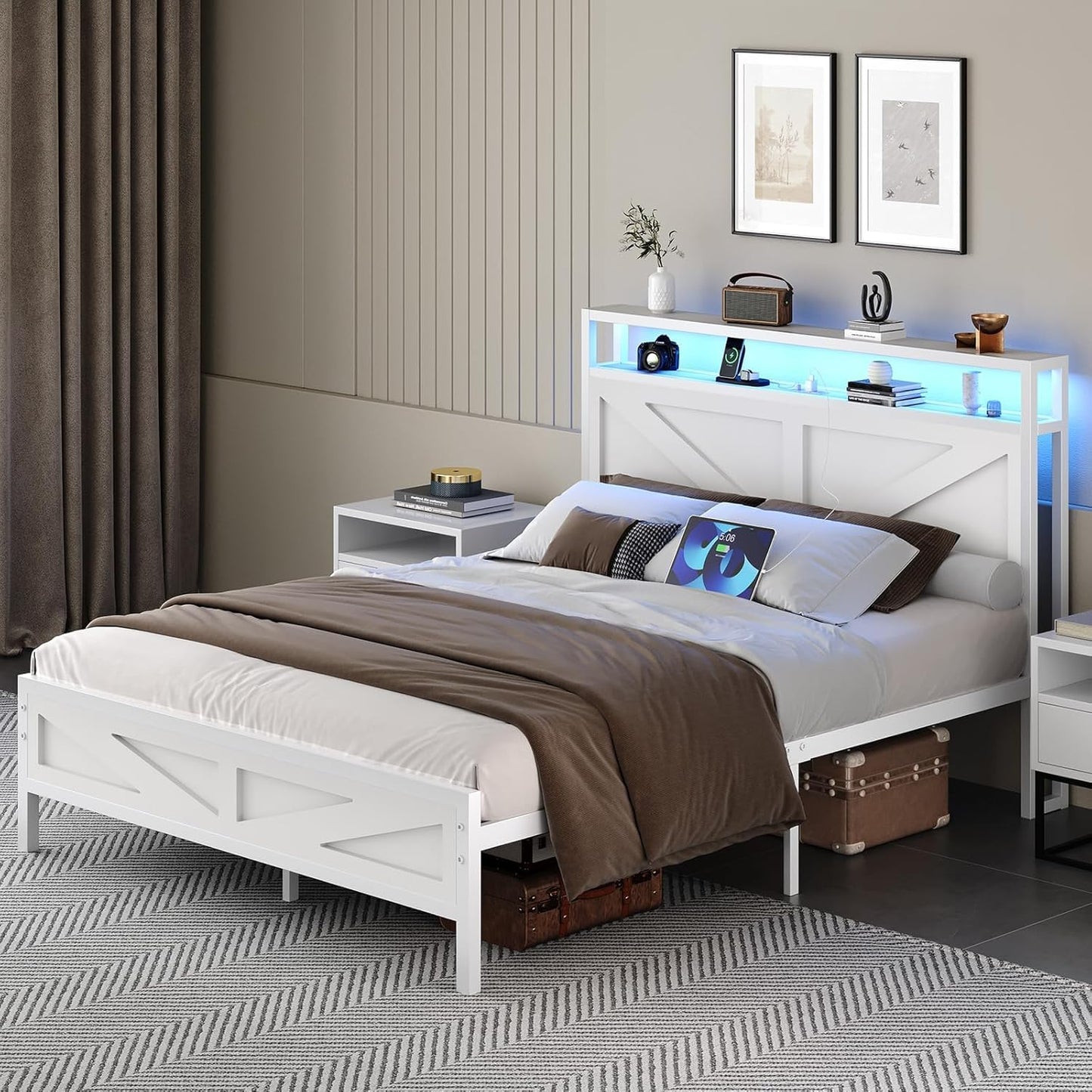 Queen Bed Frame with Headboard, Queen Bed Frames with Outlets and LED Lights, Rustic Bed Frame with Storage Headboard, Farmhouse Barn Door Design, Noise Free, No Box Spring Needed, White