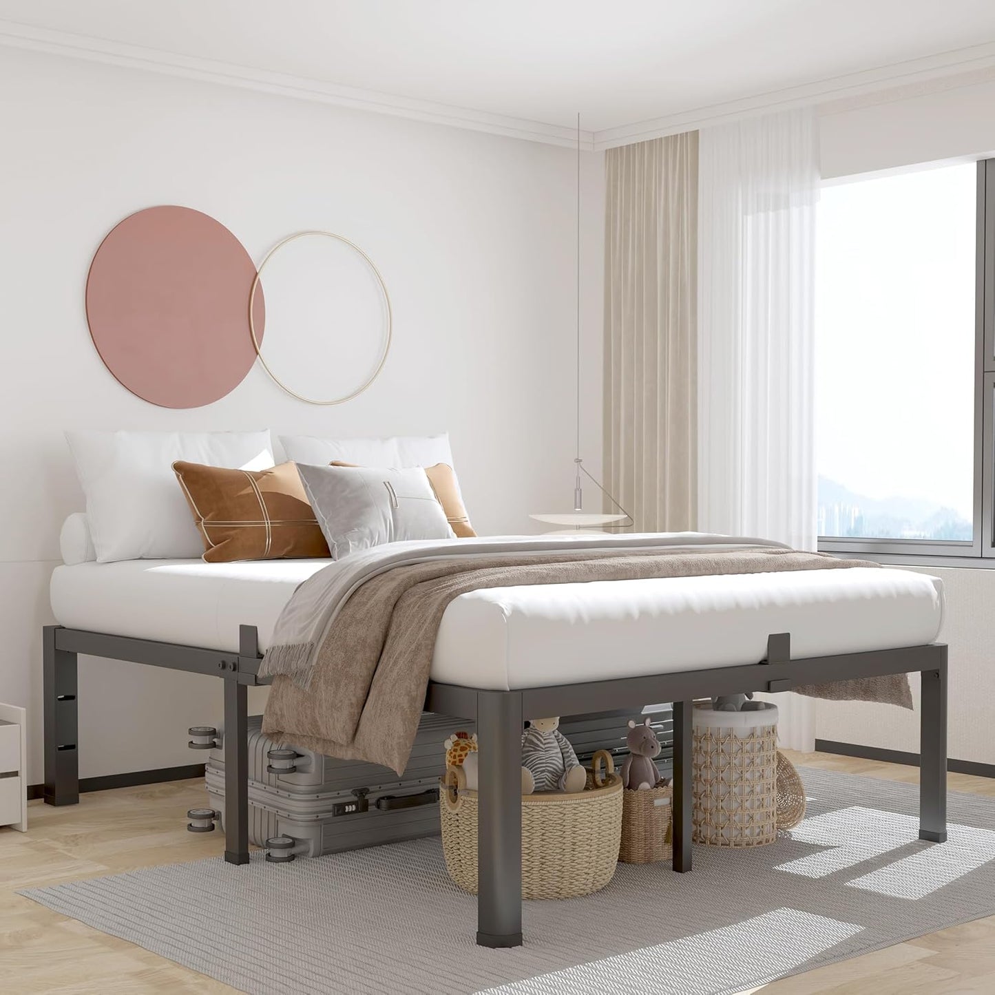 14 Inch Metal Queen Bed Frame with Rounded Corner and Headboard Hole Mattress Retainers 3500LBS Heavy Duty Steel Slats No Box Spring Needed Platform Noise-Free Easy Assembly