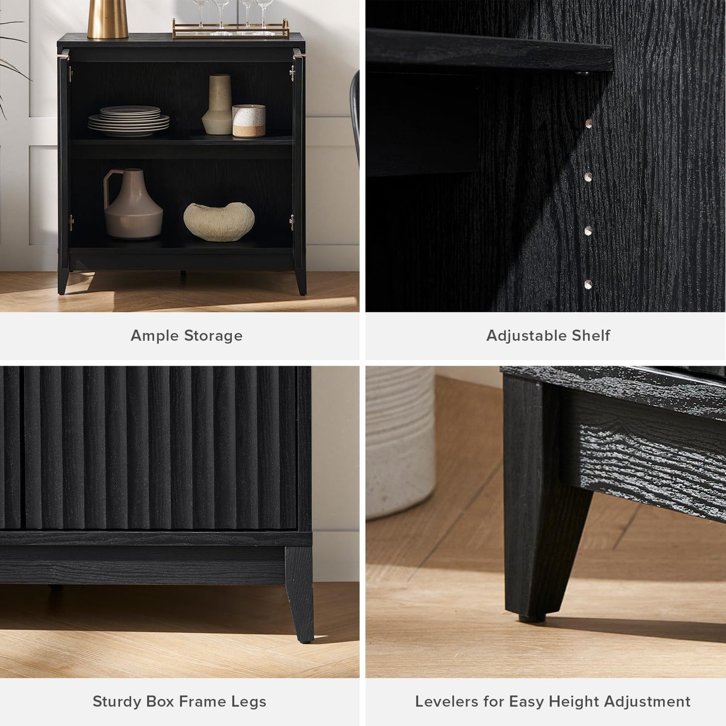 Brooklyn Storage Cabinet, Modern Farmhouse Entryway Accent Case, Buffet Sideboard, Console Table, Credenza, Wood Modular Organizer with Doors & Shelf, Fluted Panel Cupboard (Black, Single)
