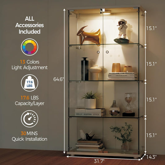 4-Tier 64.6H” Tempered Glass Display Cabinet (White) - Full-Glass Curio Case with 13-Color LED Lights & Human Body Sensor, 17.6Lbs/Layer Capacity, Quick-Install Storage for Collectibles & Decor