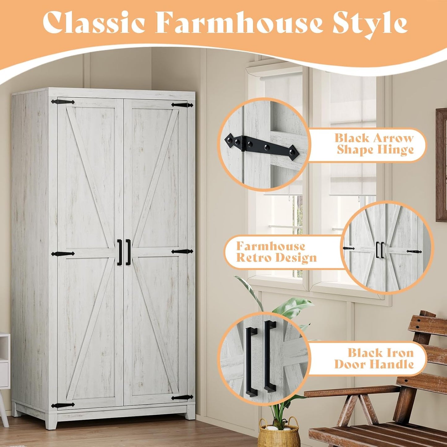 Farmhouse Armoire Wardrobe Closet with 2 Barn Doors, 71'' Storage Cabinet with Hanging Rod & Shelf, Versatile Clothing Storage for Bedroom, Distressed White