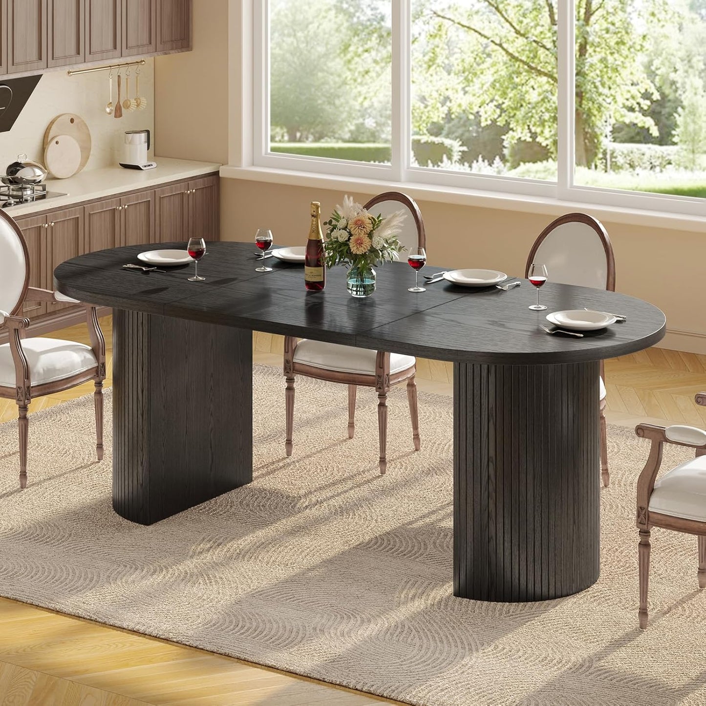 70.8 Inch Dining Table for 4-8, Oval Dining Room Table with Curved Fluted Wood Strip Base, Mid-Century Modern Kitchen Tables with Footpads, Dinner Tables for Living Room, Dining Room, Black