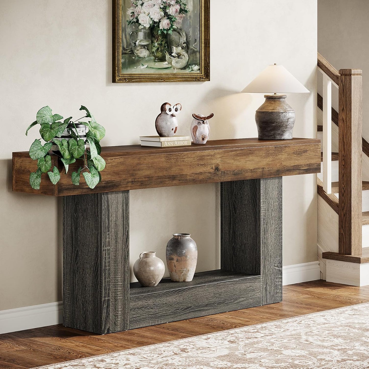 63" Console Table, Farmhouse 2-Tier Entryway Table with U-Shaped Base, Narrow Long Wood Sofa Table behind Couch Table for Living Room, Hallway, Foyer, Vintage Brown & Gray