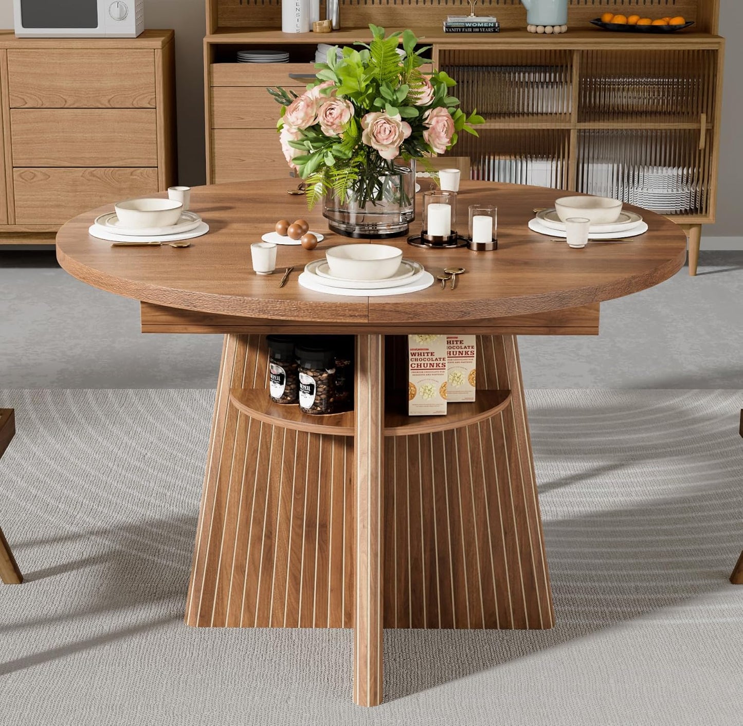 43.3In-59In Extendable Dining Room Table for 4-8, round Expandable Kitchen Table with Fluted Base, Modern Oval Dinner Tables with 4 Storage Shelves for Kitchen Living Room (Walnut, 43.3In)