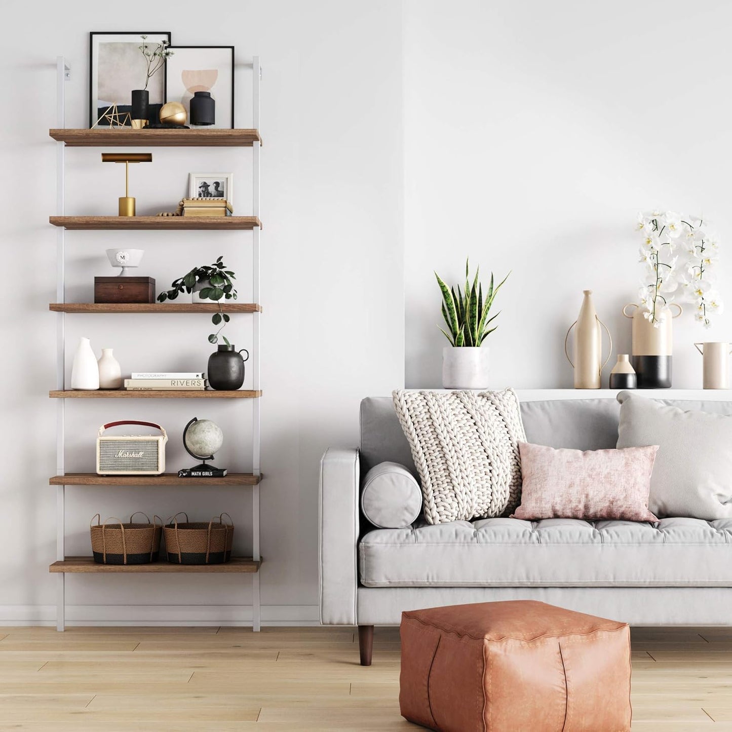 Theo 6-Shelf Tall Bookcase, Wall Mount Bookshelf with Natural Wood Finish and Industrial Metal Frame, Rustic Oak/White