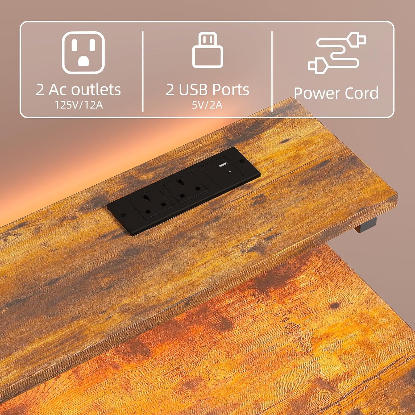 Rustic brown gaming desk with LED light, pegboard and monitor stand, view 7