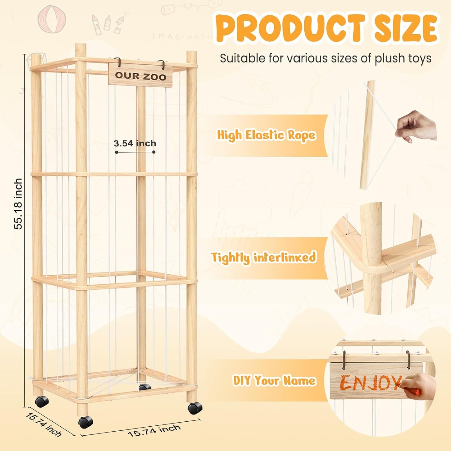 Extra Large Stuffed Animal Storage Zoo with Wheels – Plush Toy Organizer Cage, Space-Saving Rolling Holder for Kids’ Bedroom & Playroom