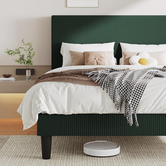Queen Size Upholstered Bed Frame with Vertical Channel Tufted Headboard, Soft Corduroy Fabric Platform Bed, Strong Wooden Slats Support, Easy Assembly, No Box Spring Needed, Dark Green