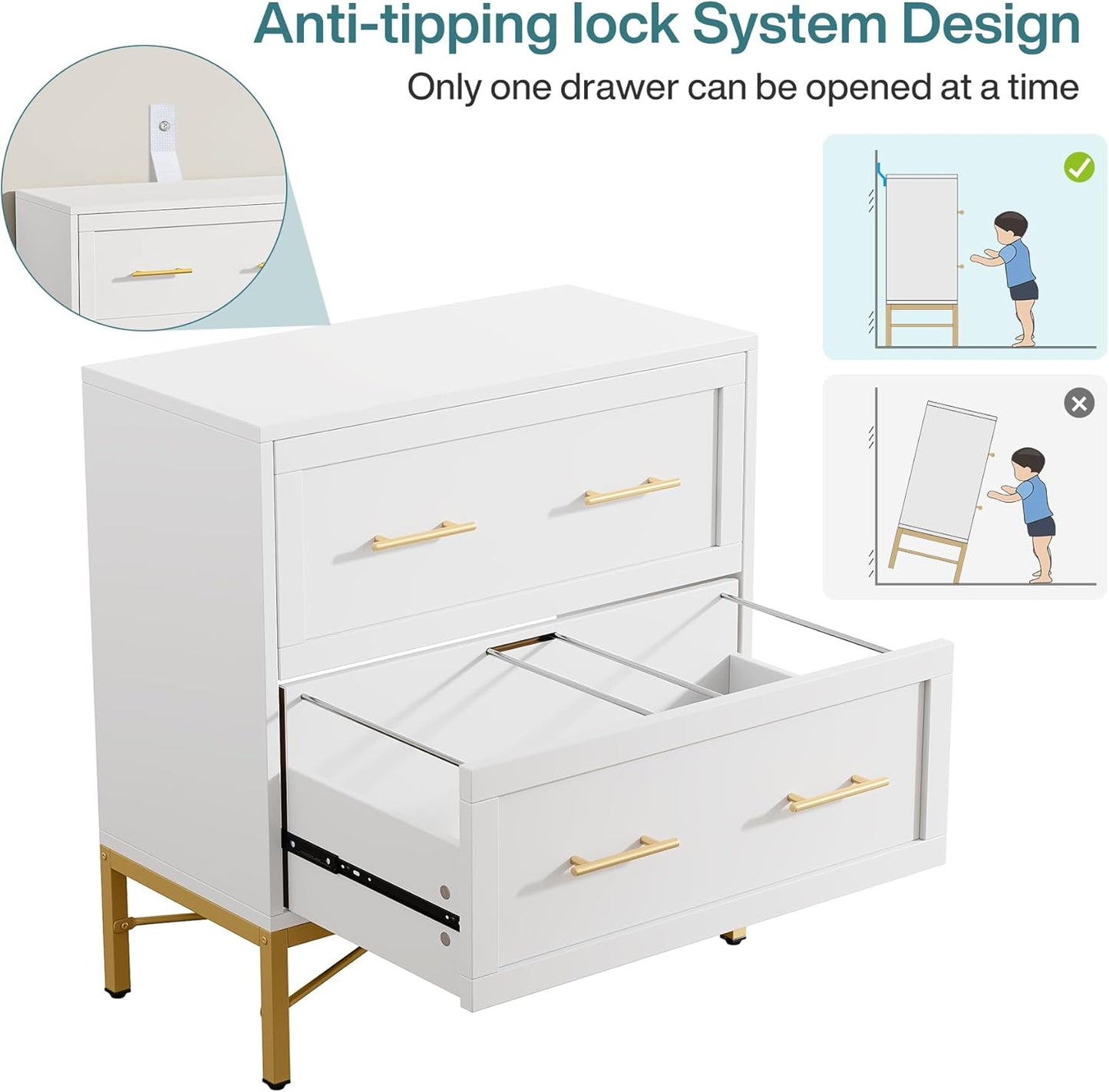 Modern White 2 Drawer File Cabinet, Lateral Filing Cabinet for Letter/Legal/A4 Size, Wood File Storage Cabinets Printer Stand with Storage for Home, Office, White and Gold