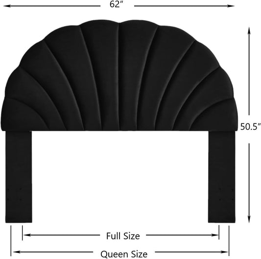 Stunning Crown Design Queen Headboard, Upholstered Soft Velvet Petal Pattern Headboard Queen/Full, 6039-Q-Black