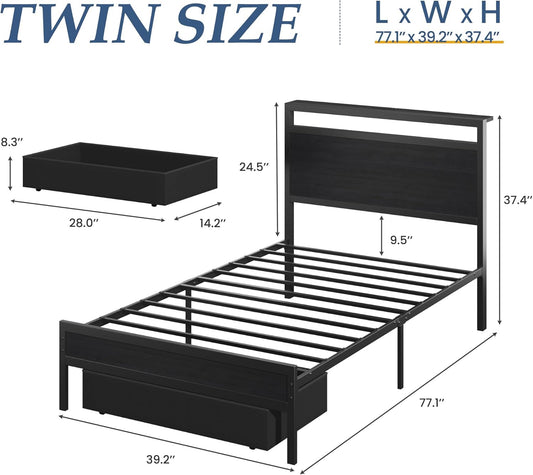 Twin Bed Frame,Twin Bed Frame with Storage Headboard & Storage Drawer, Charging Station & LED Light, No Box Spring Needed, Noise Free, Easy Assembly, Classic Black