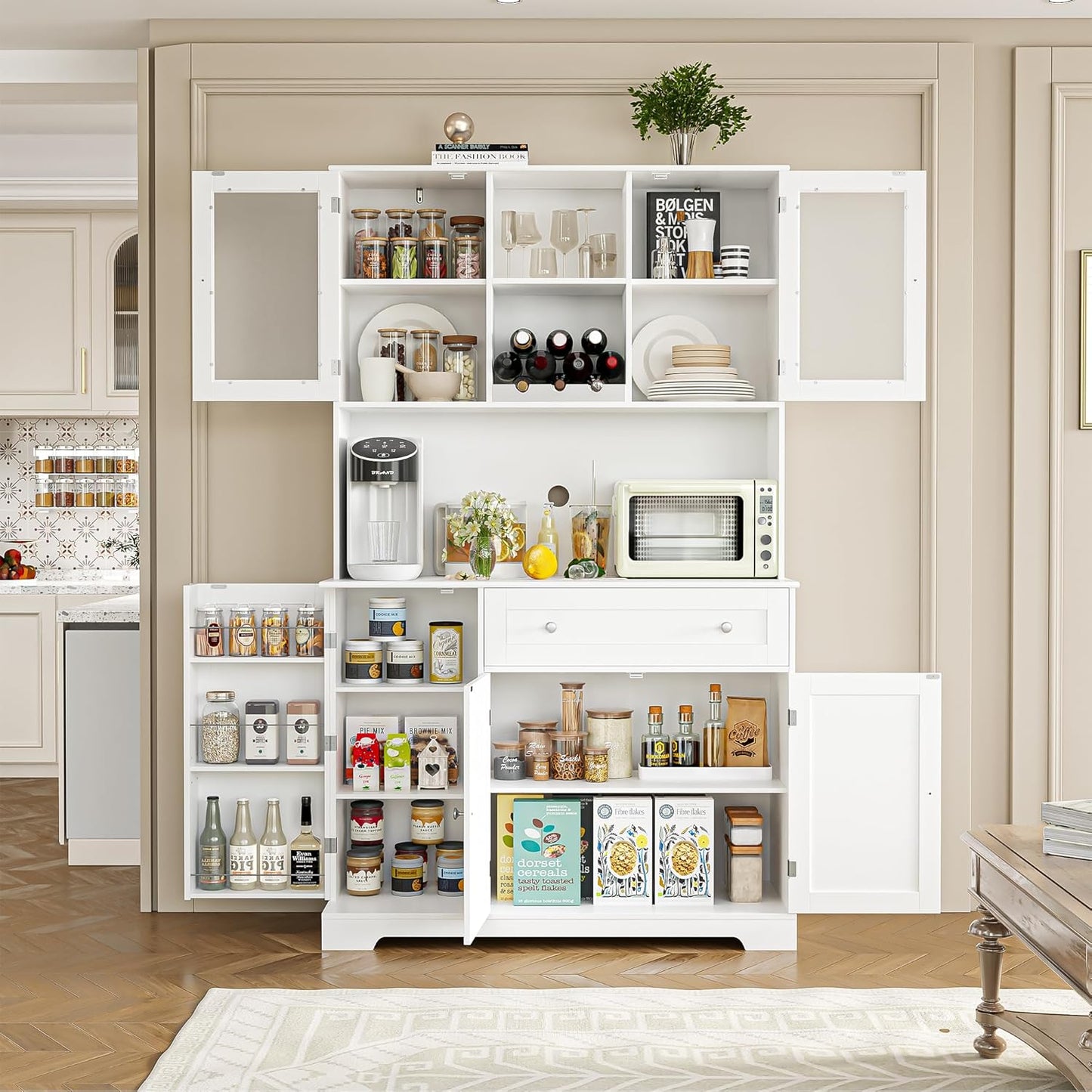 Kitchen Pantry Storage Cabinet, Modern Buffet Cabinet with Hutch, Tall Kitchen Hutch with Microwave Stand, Food Pantry with Doors and Shelves | Wine Rack for Dining Room, White