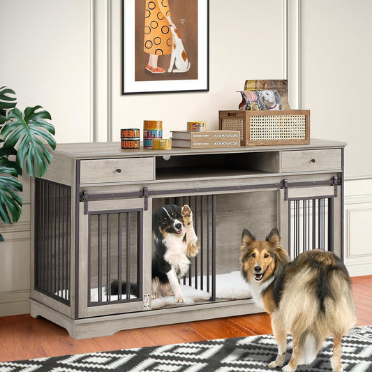 60.6 Inch Double Dog Crate Furniture, 2-In-1 Dog Kennel Furniture with 2 Sliding Doors and Thick Iron, Wooden Large Dog Crate with Divider for 2 Dogs