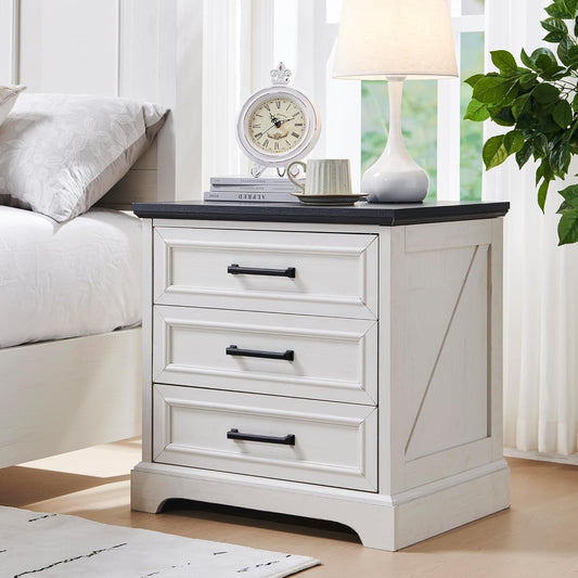 Farmhouse Nightstands Set of 2, 22 Inch Wide End Table with Charging Station & 3 Large Drawers, Rustic Wood Small Dresser Chest of Drawers for Bedroom, Living Room, off White