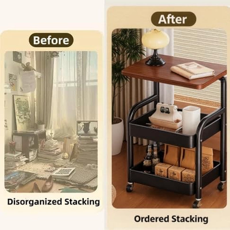 3 Tier Metal Rolling Utility Cart Organizer with Walnut Table Top, Stable and Sturdy Rolling Storage Carts with 2 Lockable Wheels for Kitchen,Bathroom,Snacks,Coffee,Craft,Makeup,Baby Essentials