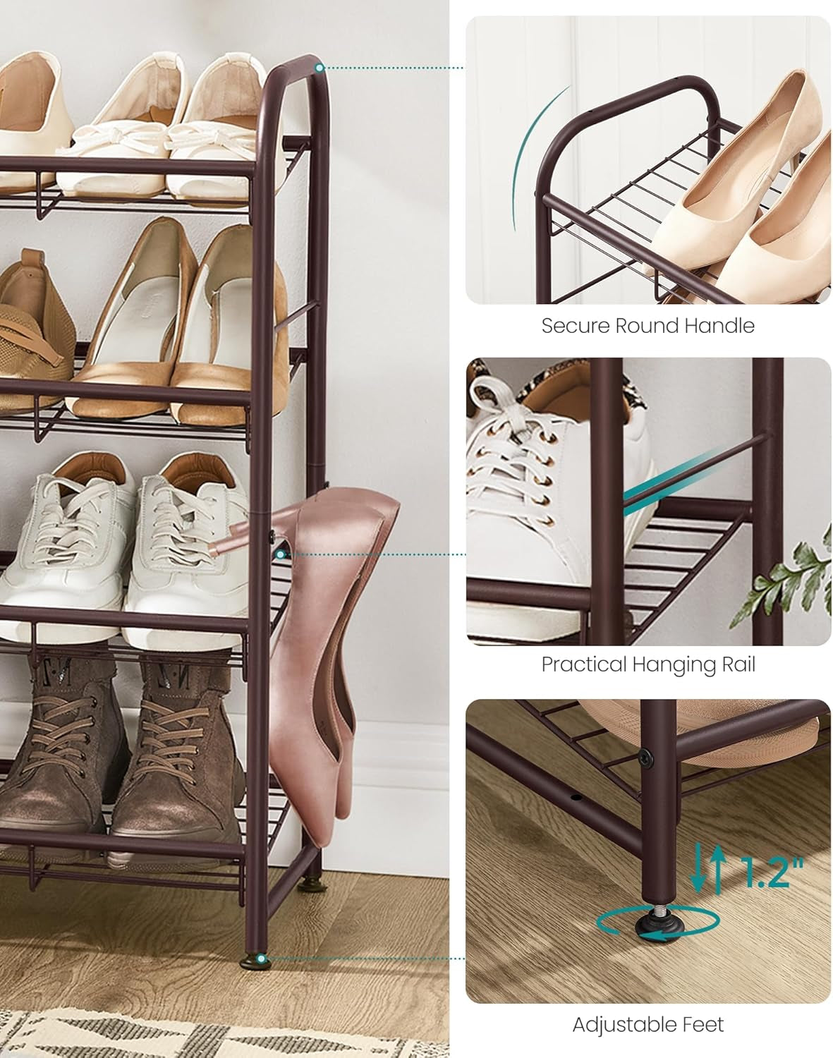 Stackable Shoe Rack, 4 Tier Metal Shoes Rack Storage Shelf, Holds up to 20 Pairs Shoes, Adjustable Slanted Shelves Tower Organizer for Closet Entryway Small Spaces, Bronze