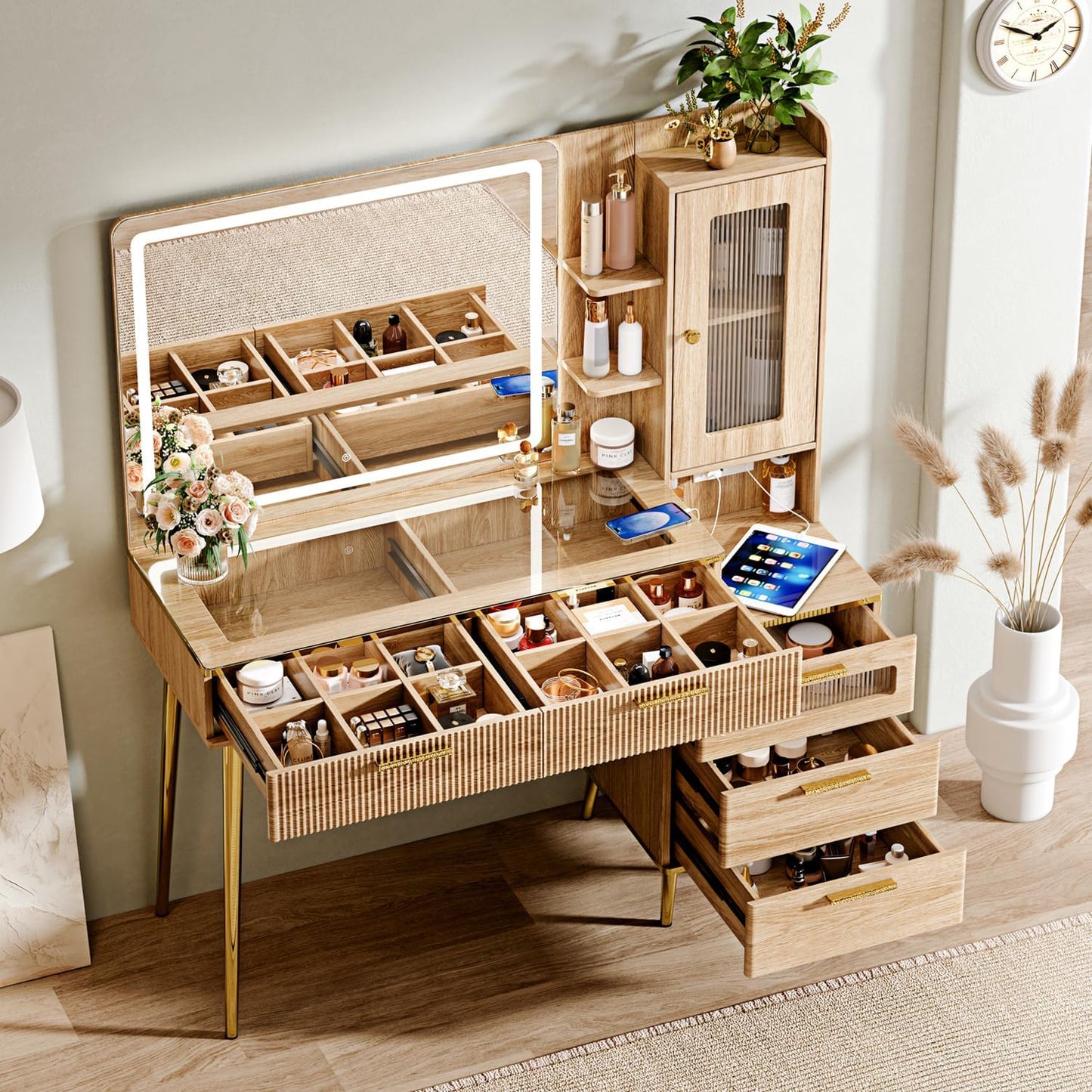 Vanity Desk with 29.53" HD Lighted Mirror, 47.24" Big Modern Vanity Desk with Mirror and Lights, Makeup Vanity with 5 Drawers and Storage Shelves and Charging Station, Oak
