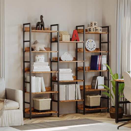Bookshelf, Bookshelves and Bookcases, 5 Tiers Bookshelf with Baffles, Large Book Shelf with Metal Shelving, Triple Wide Shelves for Living Room, Home Office