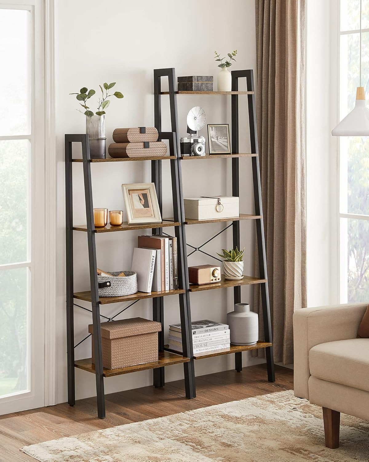 Ladder Shelf, 5-Tier Bookshelf, Storage Rack, Bookcase with Steel Frame, for Living Room, Home Office, Kitchen, Bedroom, Industrial Style, Rustic Brown and Ink Black ULLS45X