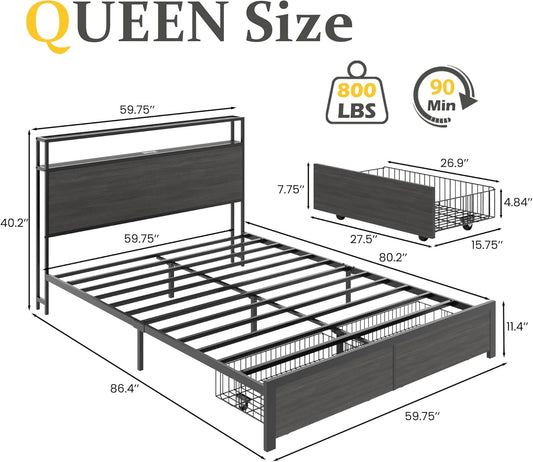 Queen Bed Frame with 2-Tier Storage Headboard, Bedroom Metal Bed Frame with 2 Storage Drawers & Fast-Charging Station & LED, Noise-Free, No Box Spring Needed, Easy Assembly, Rustic Grey