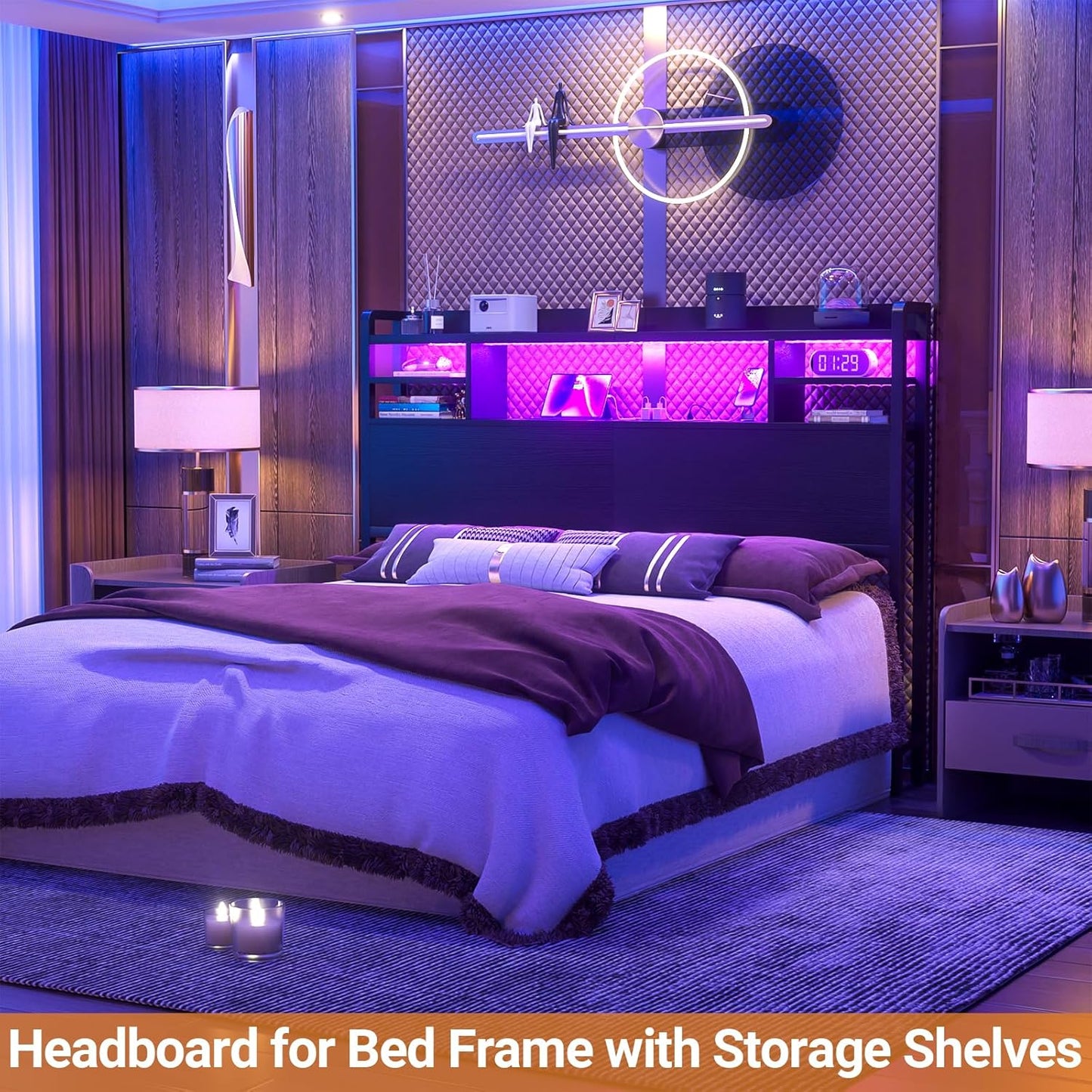 Headboard for Queen Size Bed with Storage, Headboards with LED Light, Power Outlets, USB Ports Queen Size Head Board, Wood Headboard Only Sturdy and Stable Headboards, Modern, Black